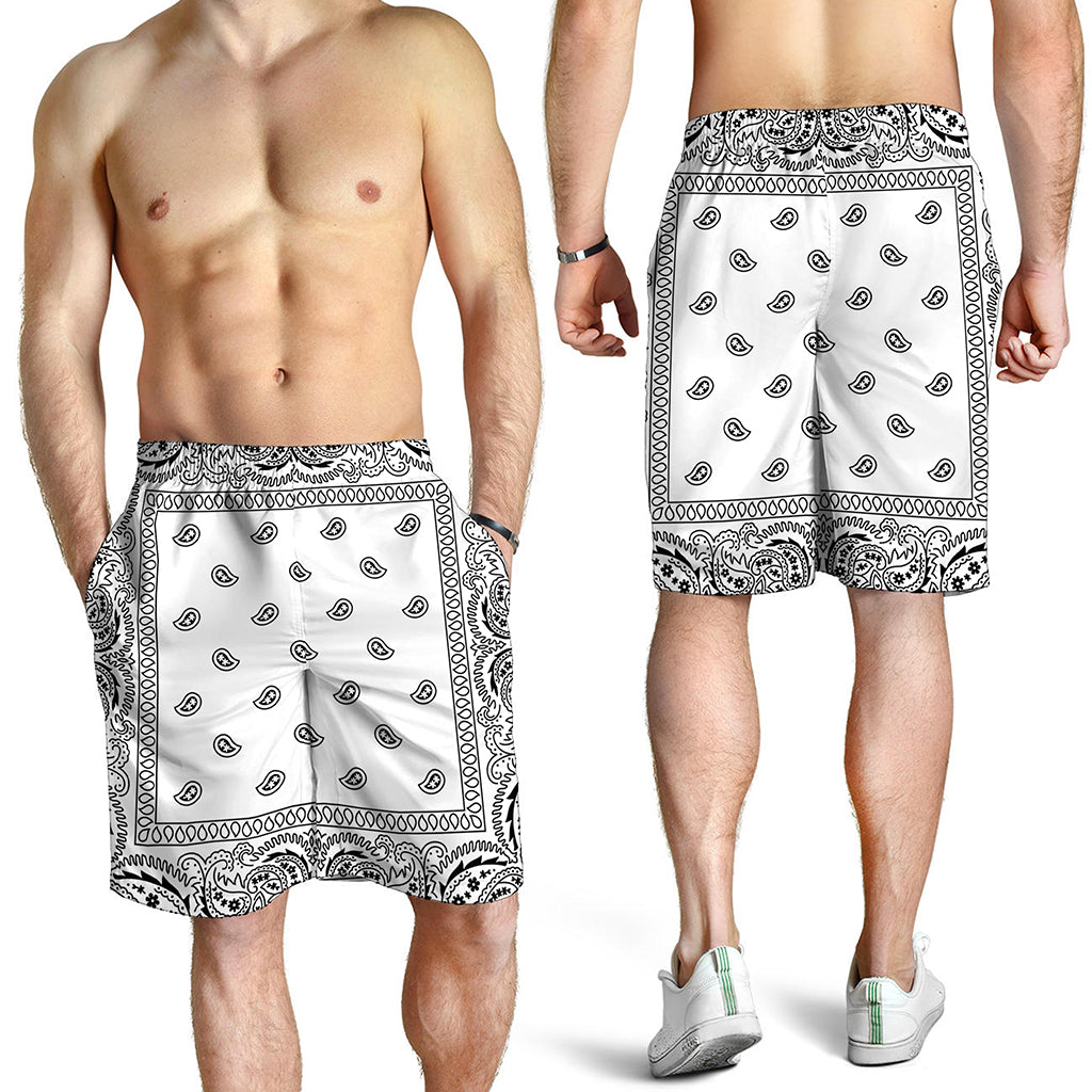 White And Black Paisley Bandana Print Men's Shorts