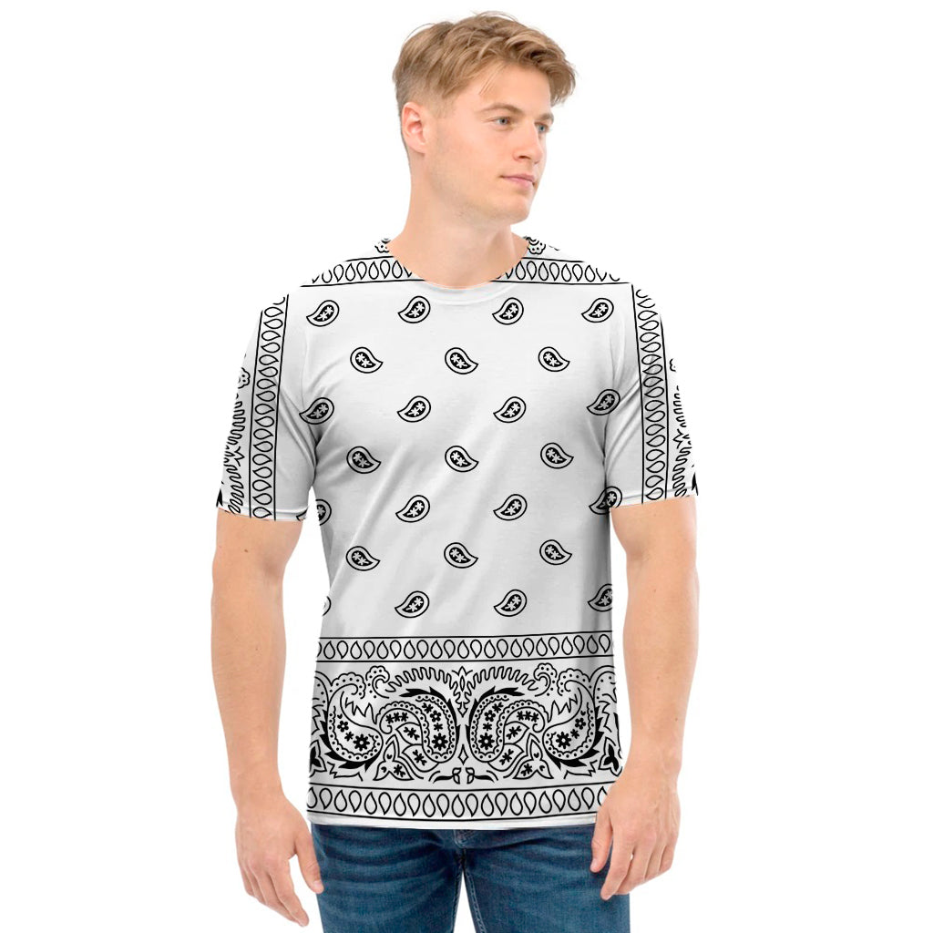 White And Black Paisley Bandana Print Men's T-Shirt