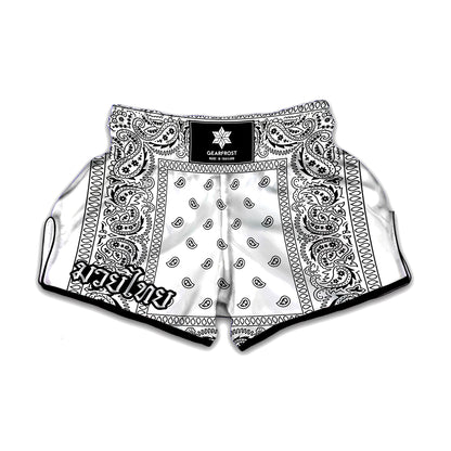 White And Black Paisley Bandana Print Muay Thai Boxing Shorts