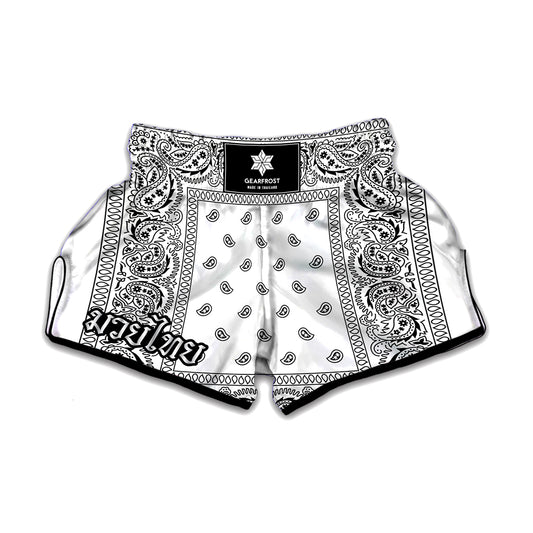 White And Black Paisley Bandana Print Muay Thai Boxing Shorts