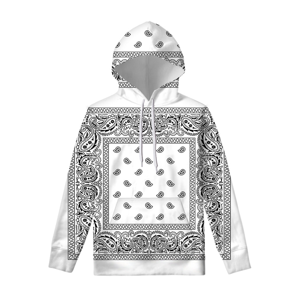 White And Black Paisley Bandana Print Pullover Hoodie