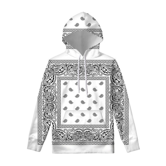 White And Black Paisley Bandana Print Pullover Hoodie