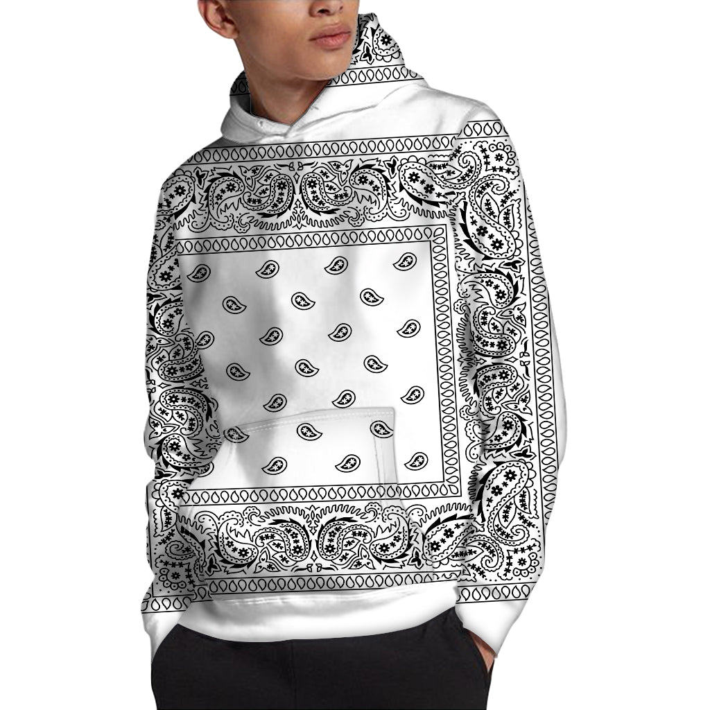 White And Black Paisley Bandana Print Pullover Hoodie