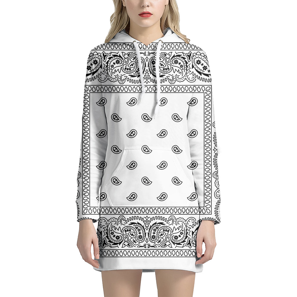 White And Black Paisley Bandana Print Pullover Hoodie Dress