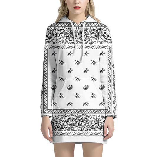 White And Black Paisley Bandana Print Pullover Hoodie Dress