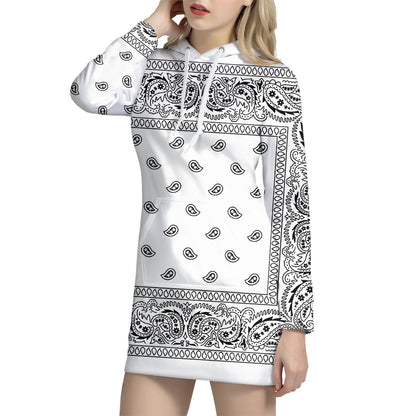 White And Black Paisley Bandana Print Pullover Hoodie Dress