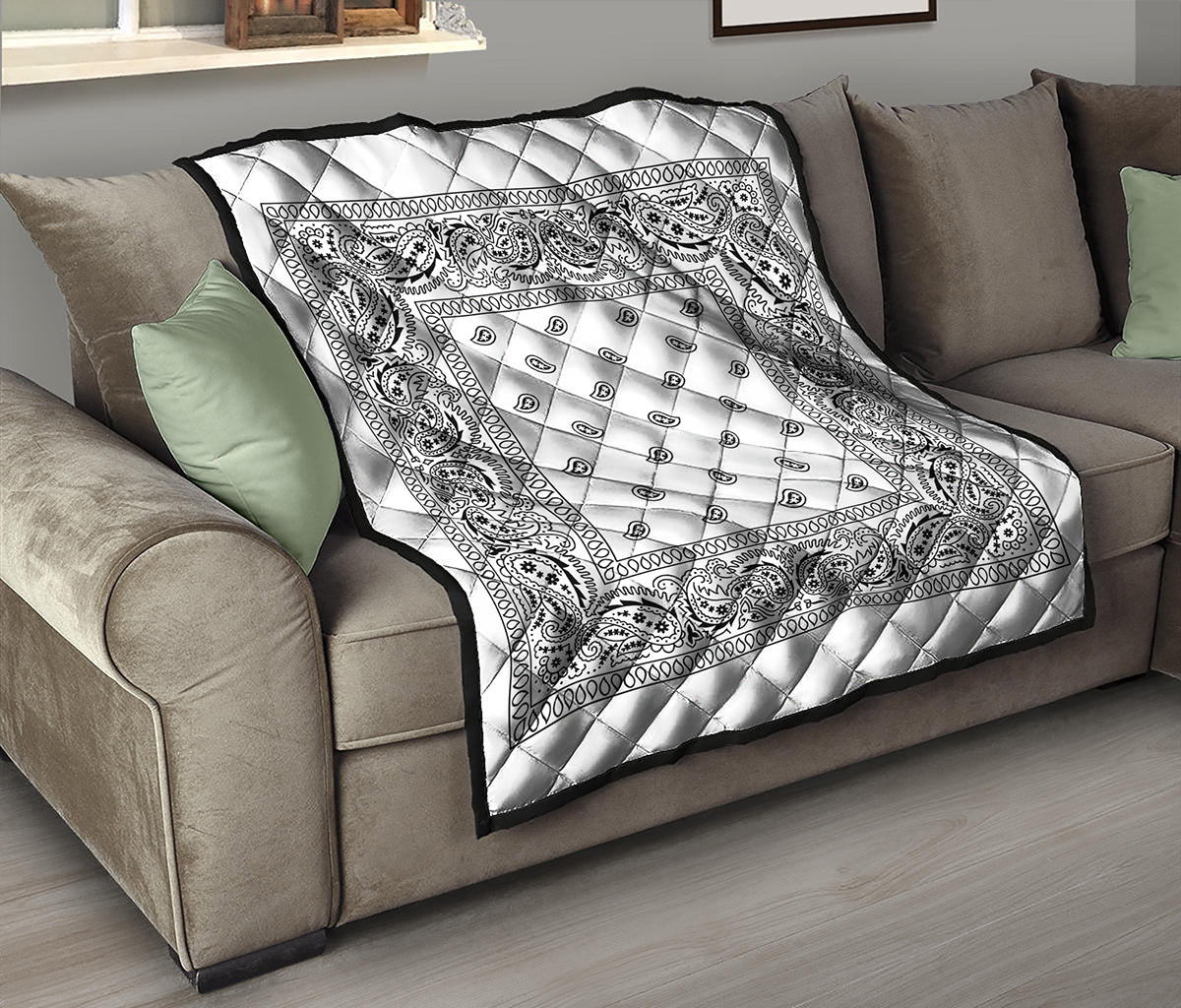White And Black Paisley Bandana Print Quilt