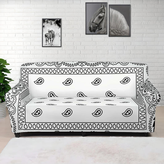 White And Black Paisley Bandana Print Sofa Cover