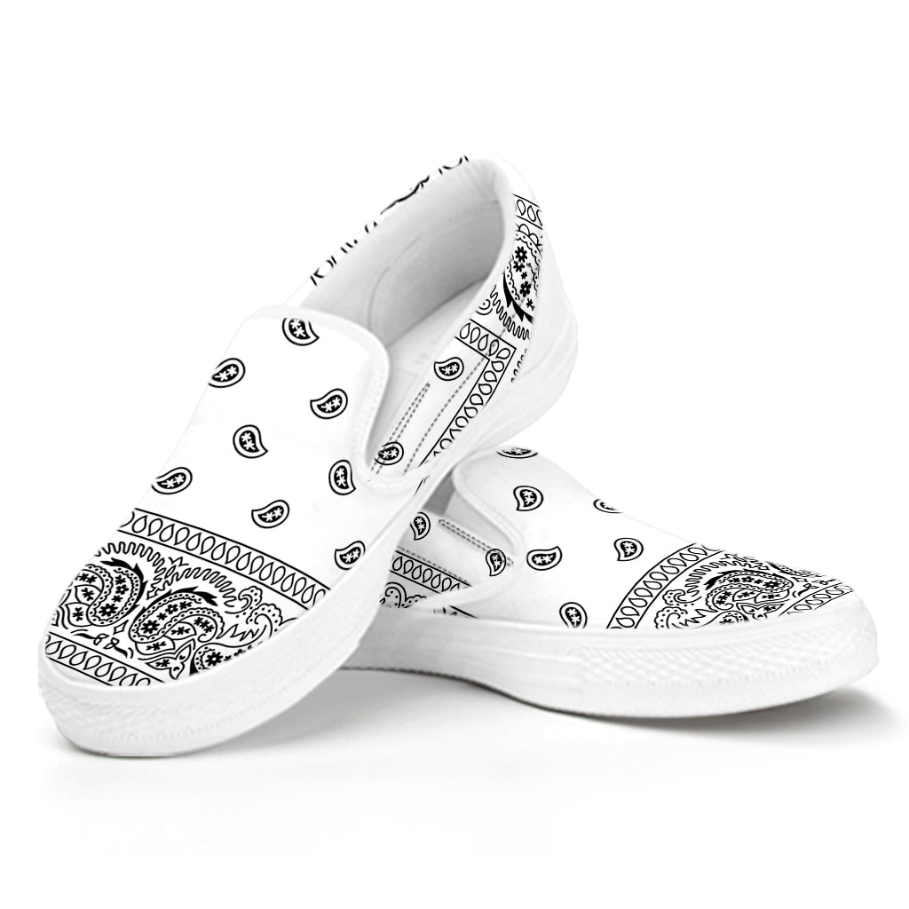 White And Black Paisley Bandana Print White Slip On Shoes