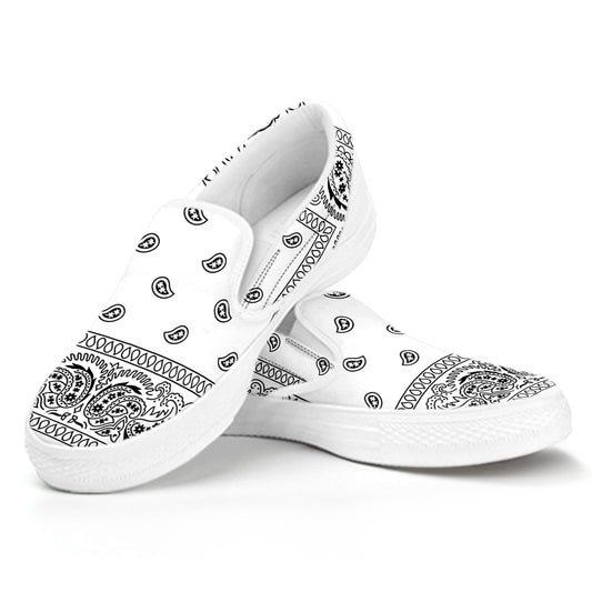 White And Black Paisley Bandana Print White Slip On Shoes