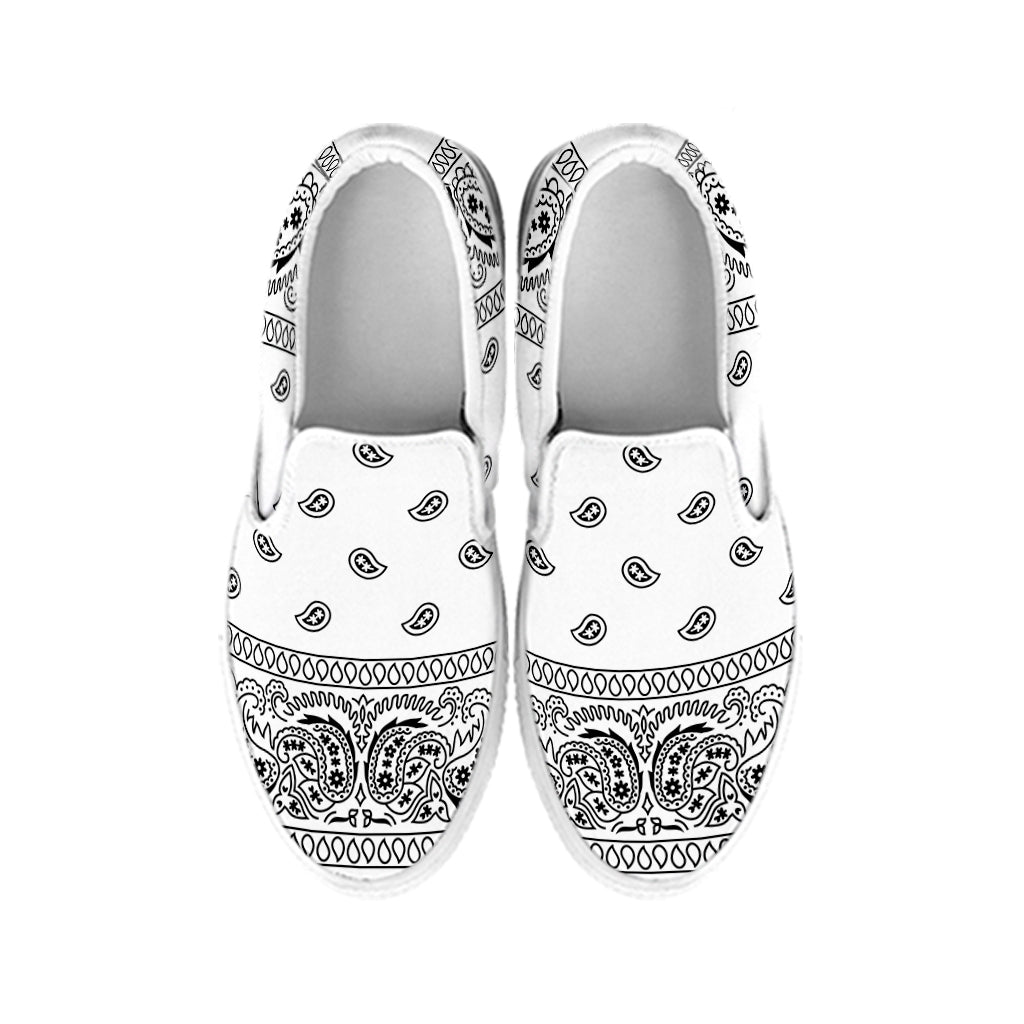 White And Black Paisley Bandana Print White Slip On Shoes