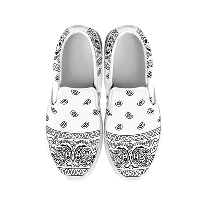 White And Black Paisley Bandana Print White Slip On Shoes