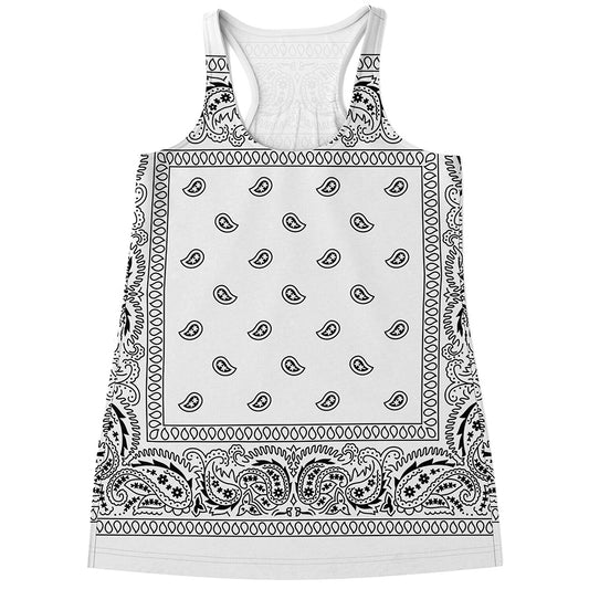White And Black Paisley Bandana Print Women's Racerback Tank Top