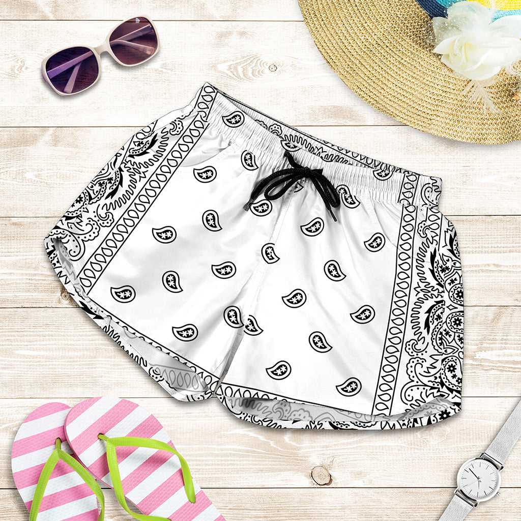 White And Black Paisley Bandana Print Women's Shorts