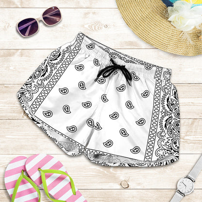 White And Black Paisley Bandana Print Women's Shorts