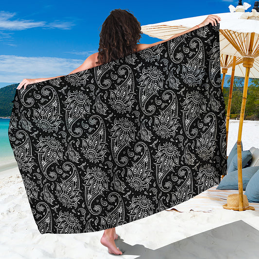 White And Black Paisley Pattern Print Beach Sarong Wrap