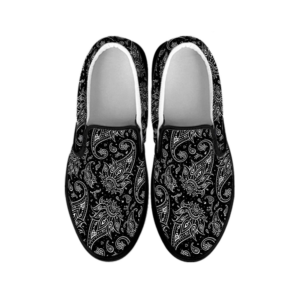 White And Black Paisley Pattern Print Black Slip On Shoes
