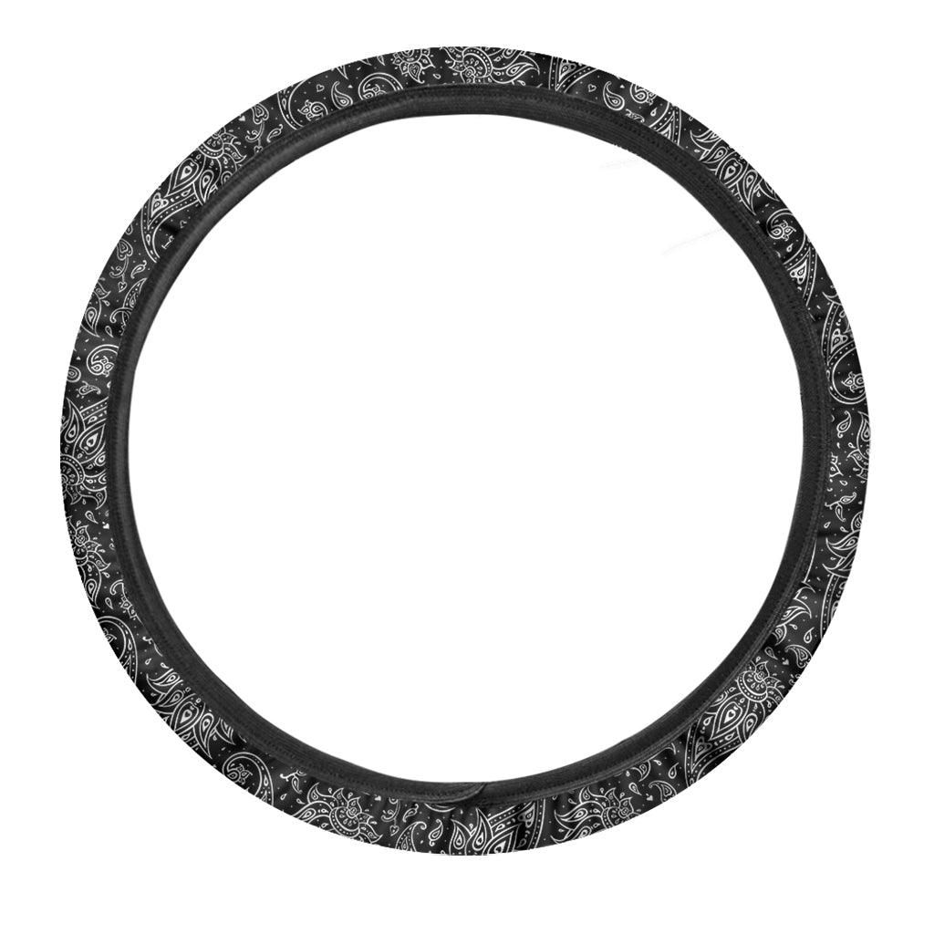 White And Black Paisley Pattern Print Car Steering Wheel Cover