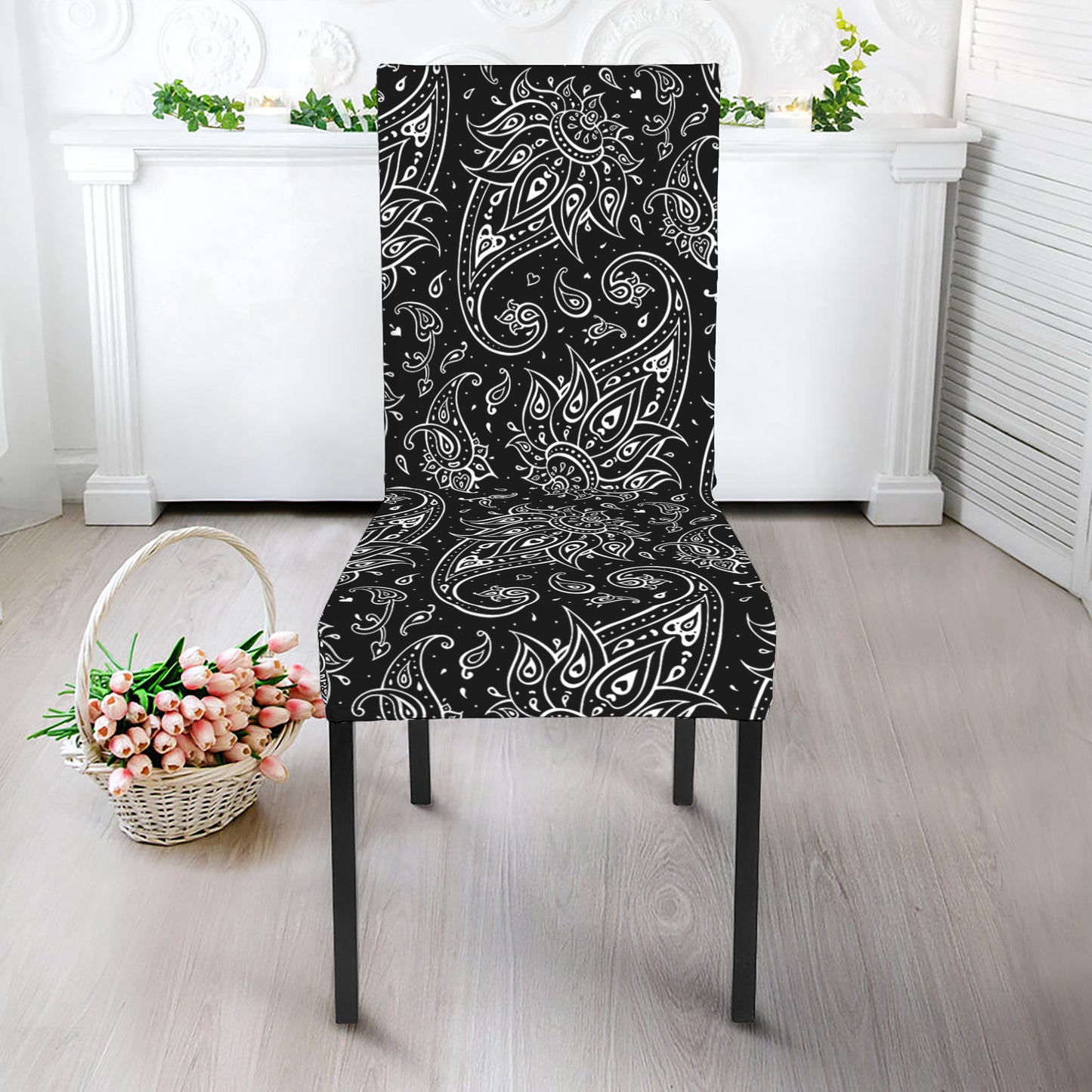 White And Black Paisley Pattern Print Dining Chair Slipcover
