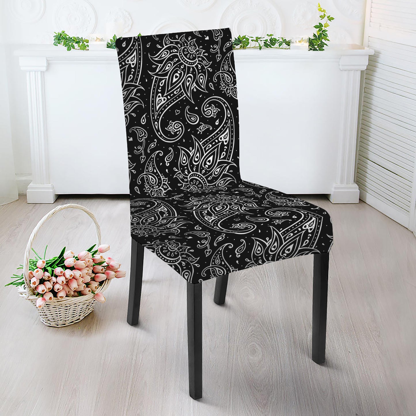 White And Black Paisley Pattern Print Dining Chair Slipcover