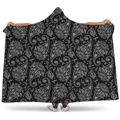 White And Black Paisley Pattern Print Hooded Blanket