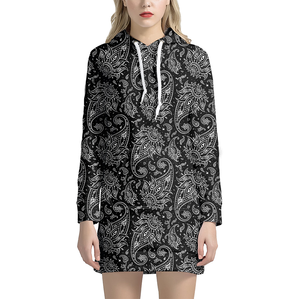 White And Black Paisley Pattern Print Hoodie Dress