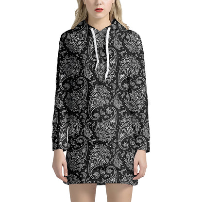 White And Black Paisley Pattern Print Hoodie Dress