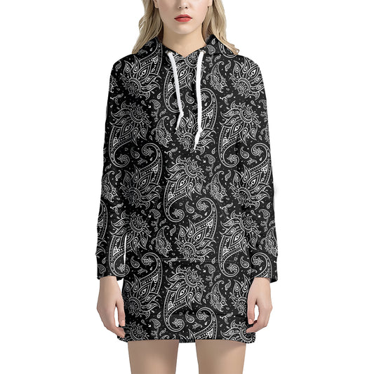 White And Black Paisley Pattern Print Hoodie Dress