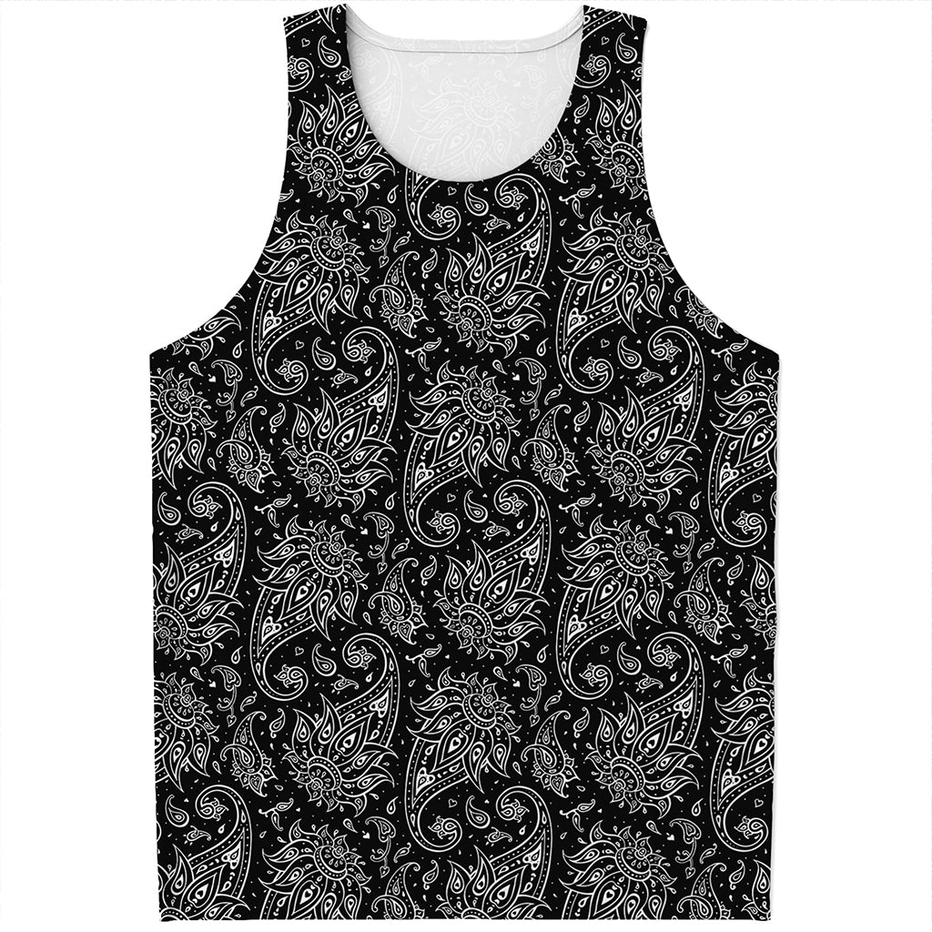 White And Black Paisley Pattern Print Men's Tank Top