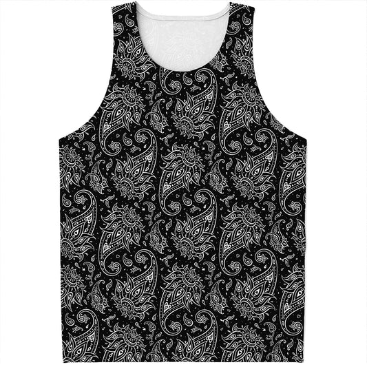White And Black Paisley Pattern Print Men's Tank Top