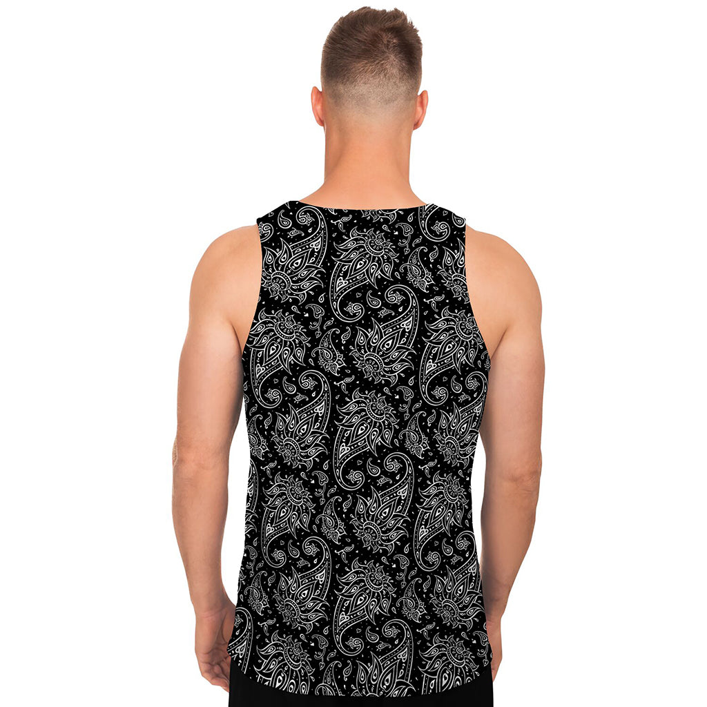 White And Black Paisley Pattern Print Men's Tank Top
