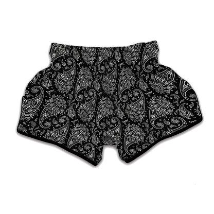 White And Black Paisley Pattern Print Muay Thai Boxing Shorts