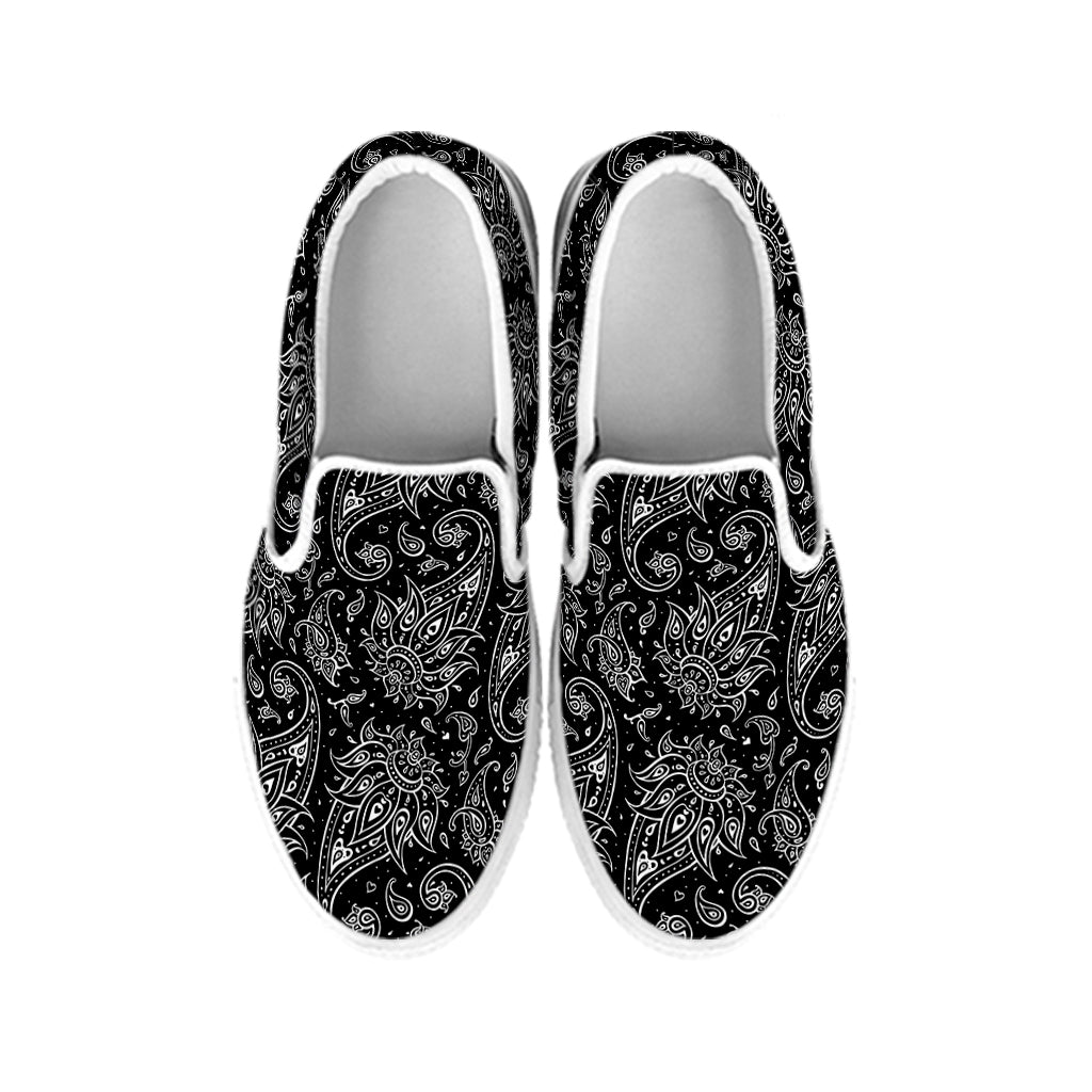 White And Black Paisley Pattern Print White Slip On Shoes
