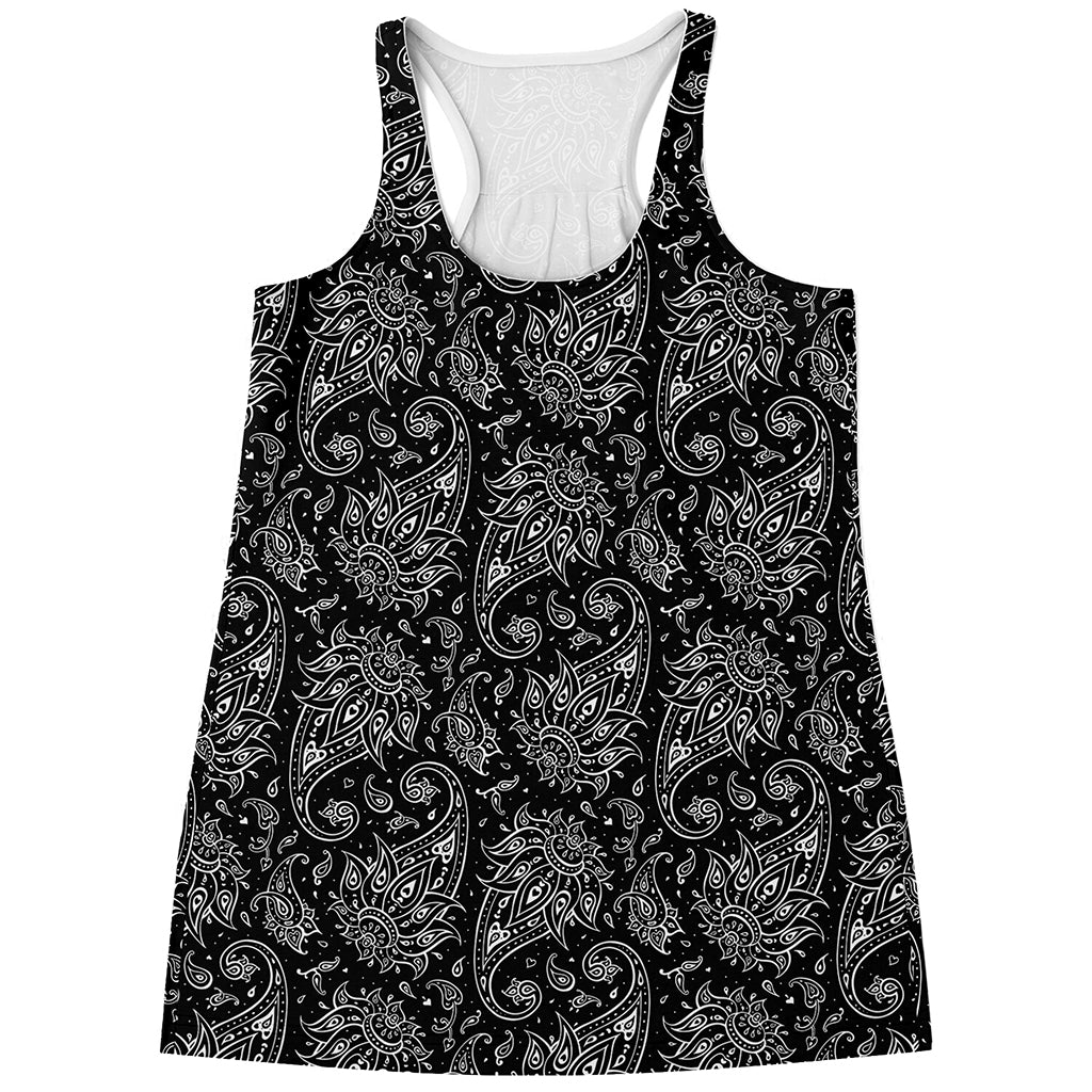 White And Black Paisley Pattern Print Women's Racerback Tank Top
