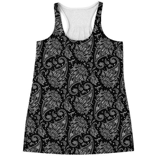 White And Black Paisley Pattern Print Women's Racerback Tank Top