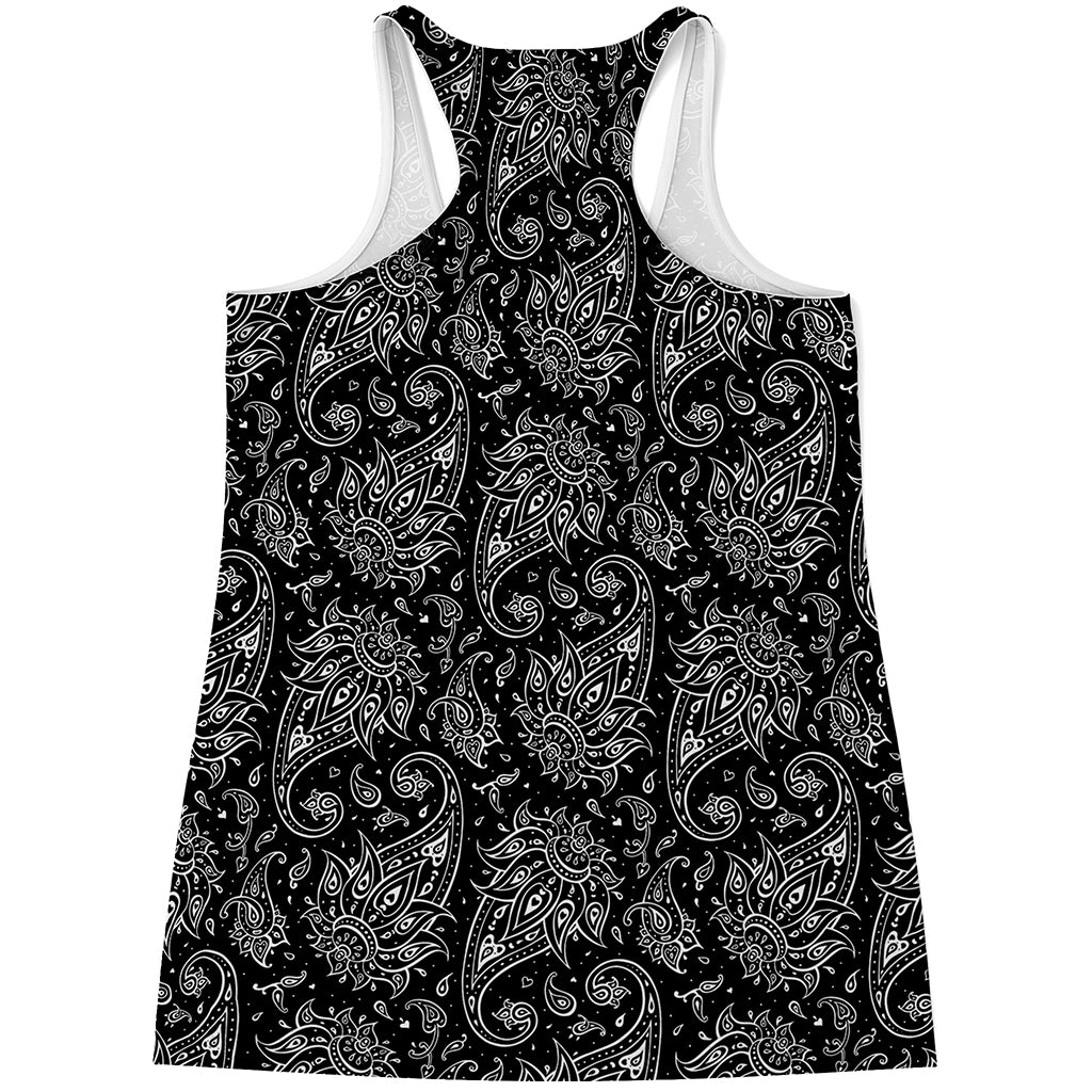 White And Black Paisley Pattern Print Women's Racerback Tank Top