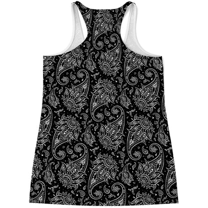 White And Black Paisley Pattern Print Women's Racerback Tank Top