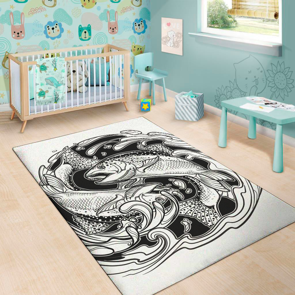 White And Black Pisces Sign Print Area Rug