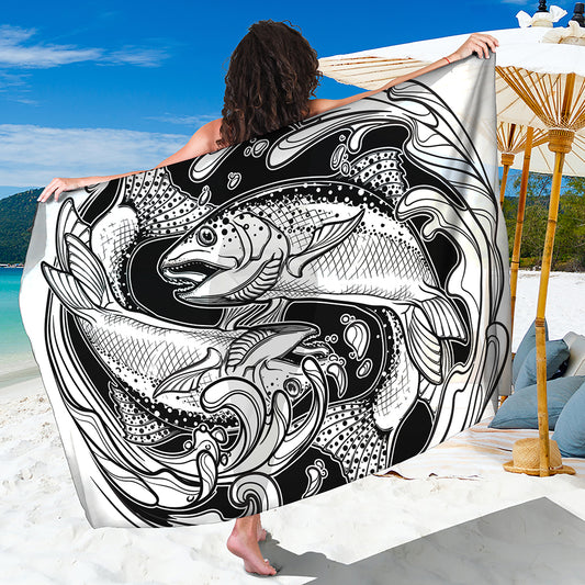 White And Black Pisces Sign Print Beach Sarong Wrap