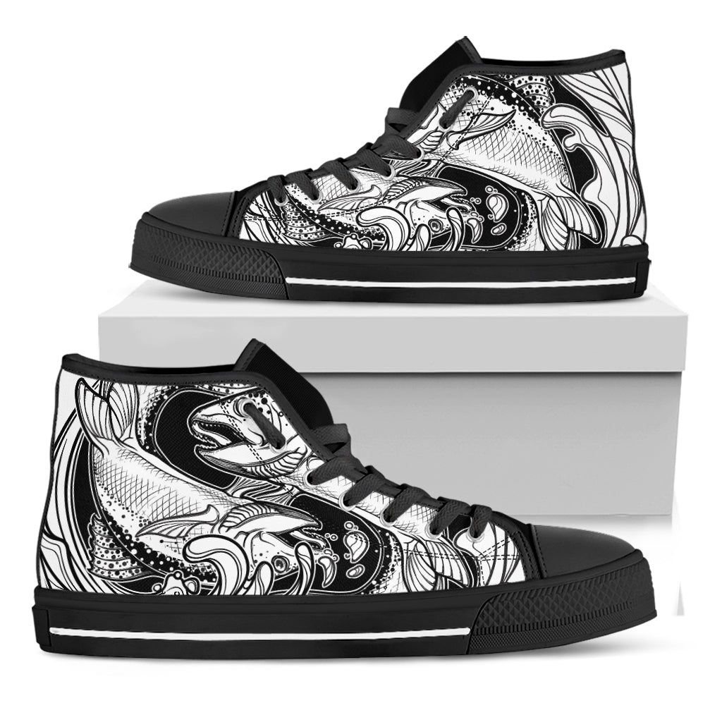 White And Black Pisces Sign Print Black High Top Shoes