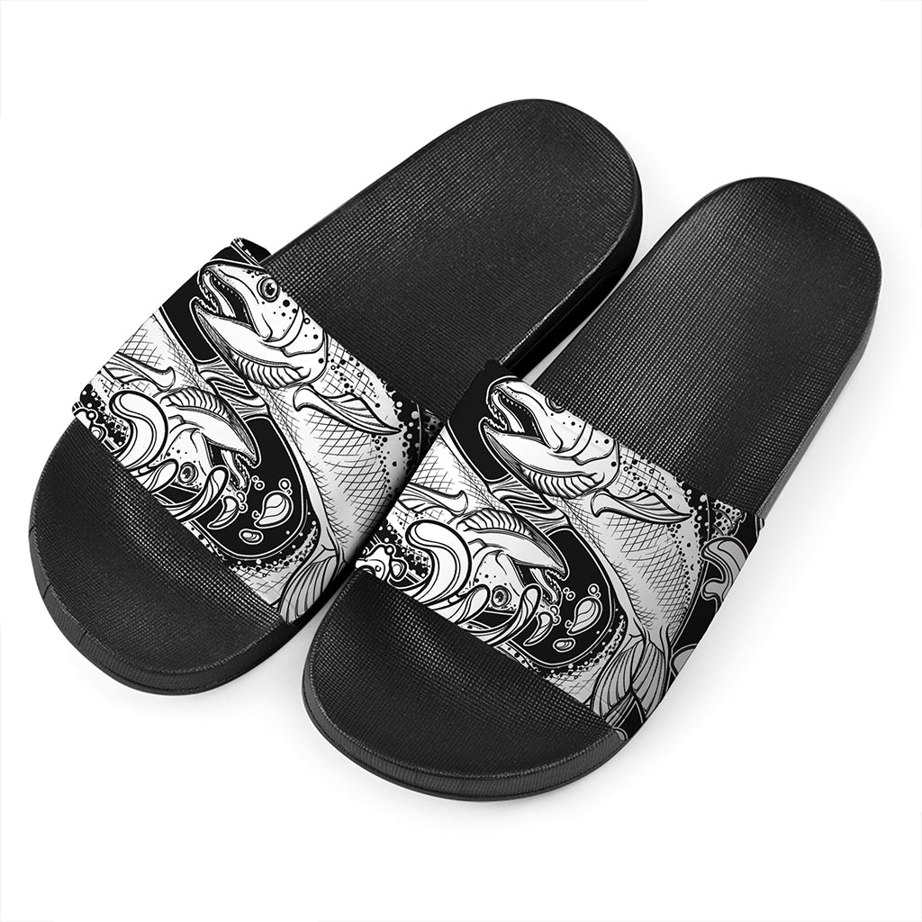 White And Black Pisces Sign Print Black Slide Sandals