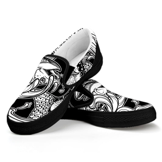 White And Black Pisces Sign Print Black Slip On Shoes