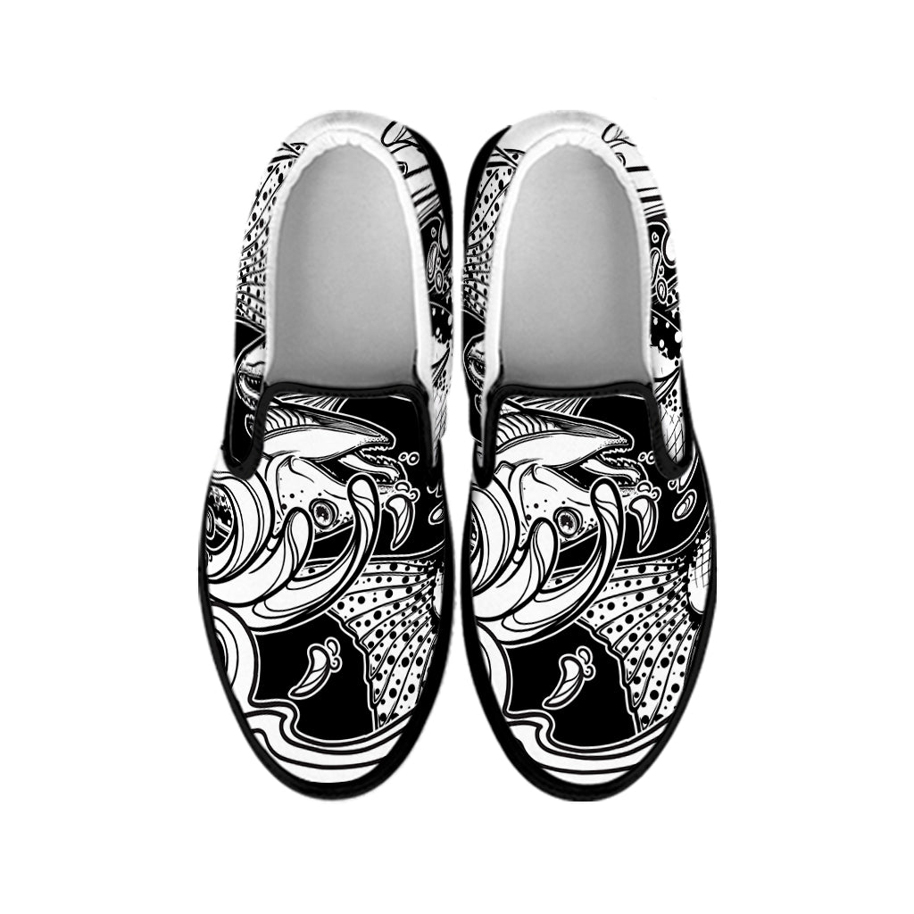 White And Black Pisces Sign Print Black Slip On Shoes