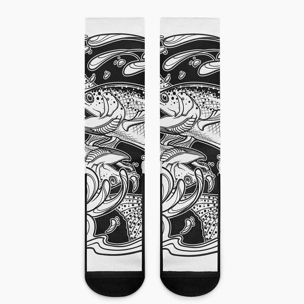 White And Black Pisces Sign Print Crew Socks