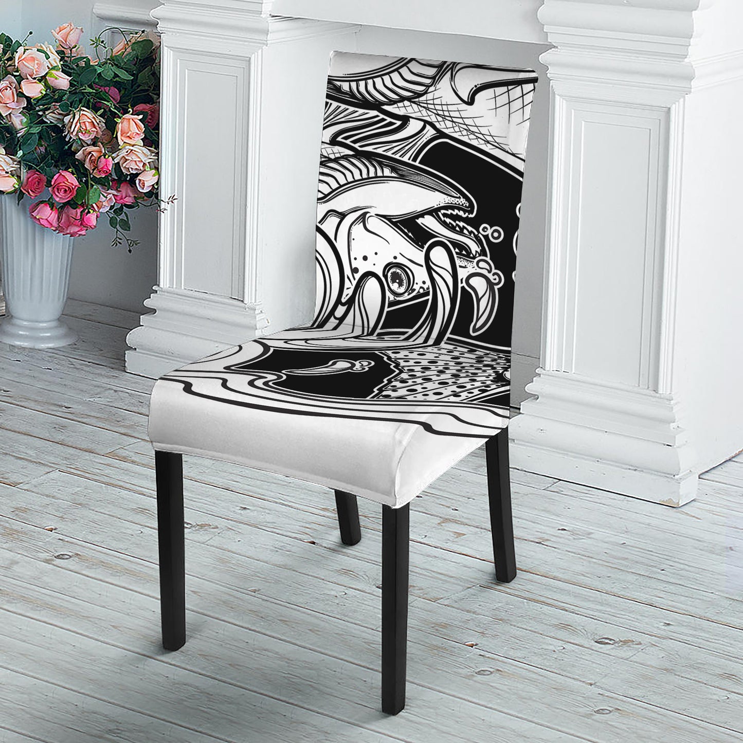 White And Black Pisces Sign Print Dining Chair Slipcover