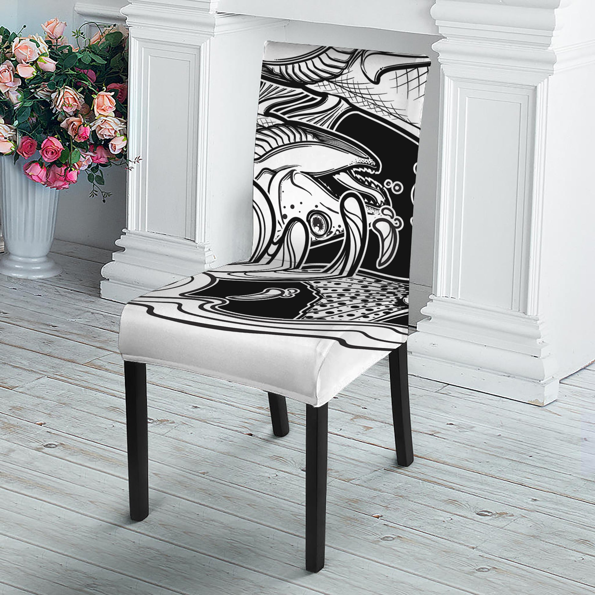 White And Black Pisces Sign Print Dining Chair Slipcover