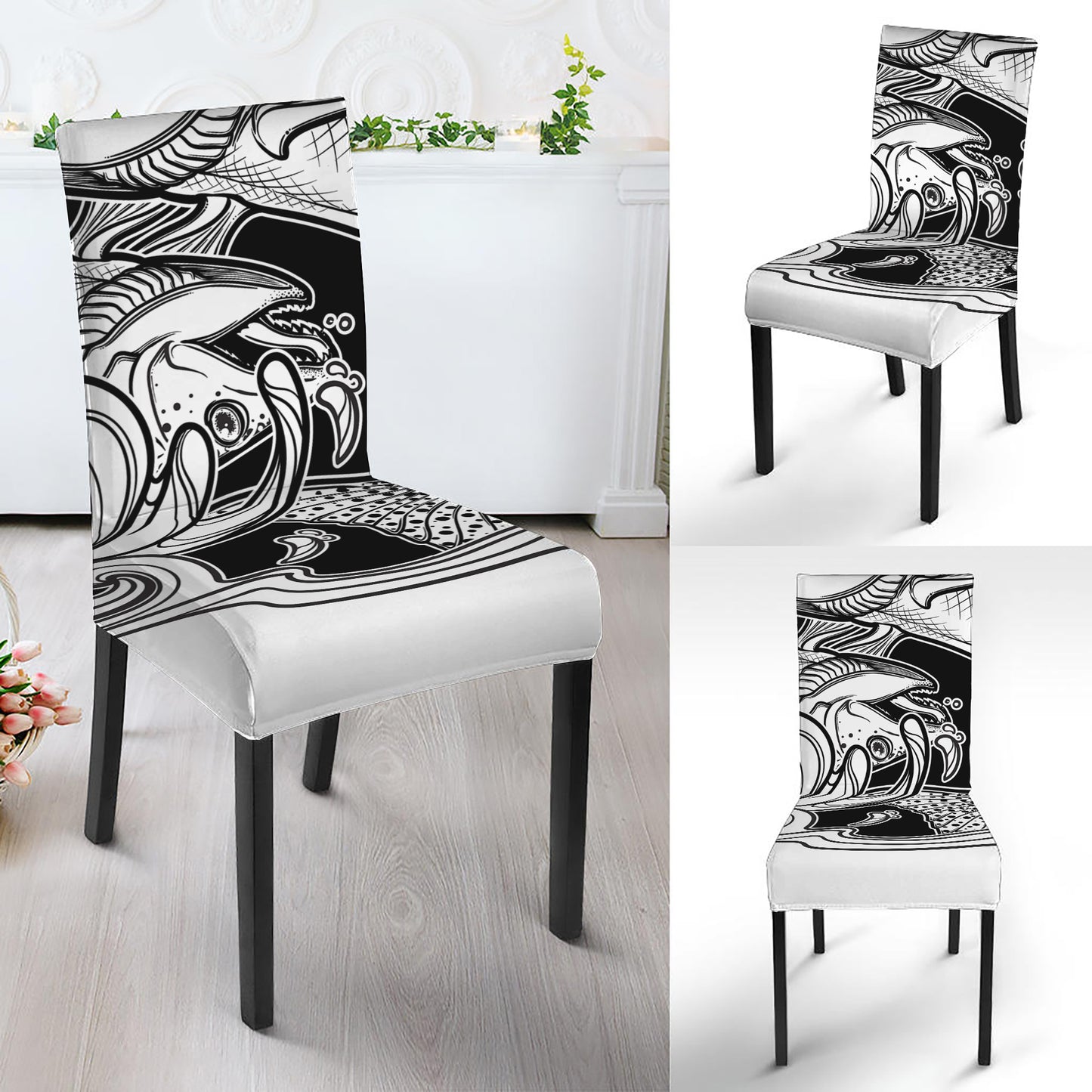 White And Black Pisces Sign Print Dining Chair Slipcover