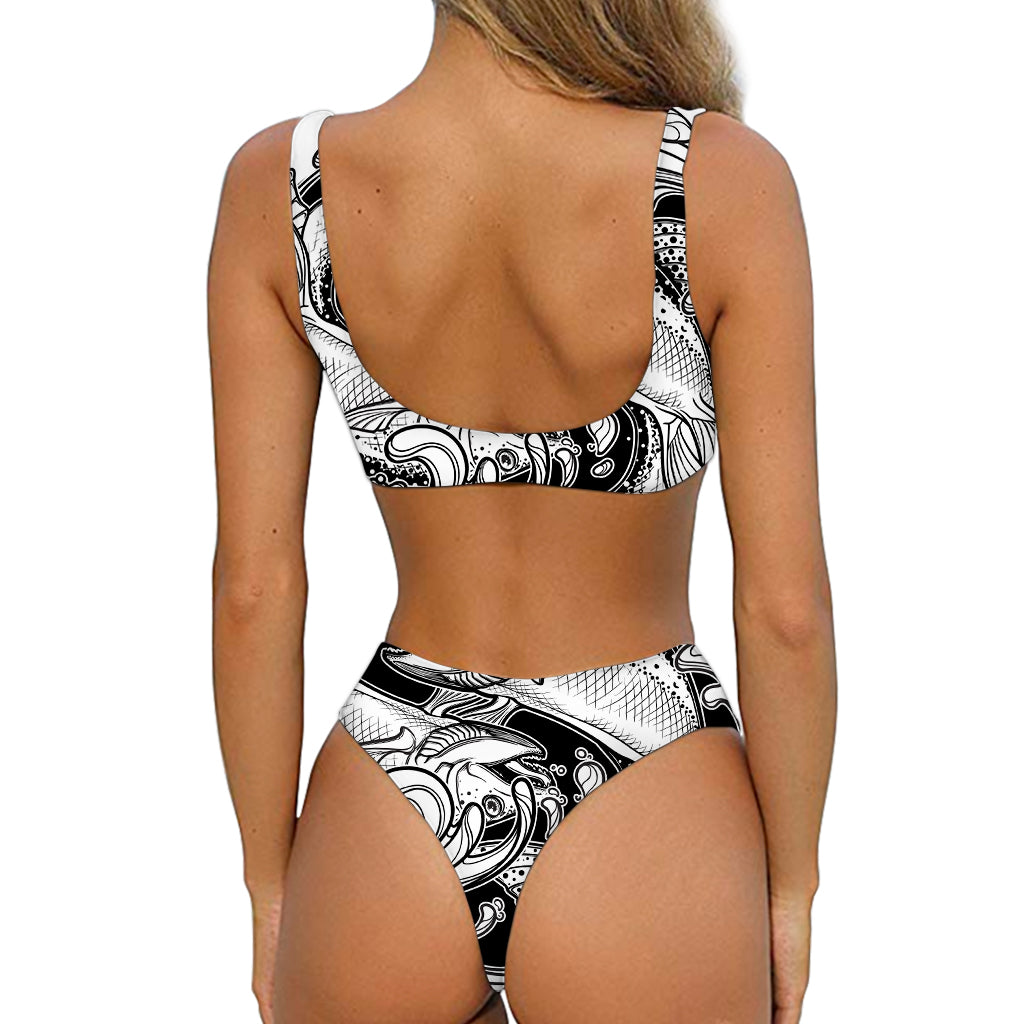 White And Black Pisces Sign Print Front Bow Tie Bikini