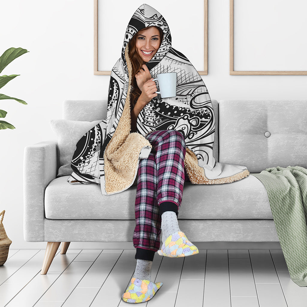 White And Black Pisces Sign Print Hooded Blanket