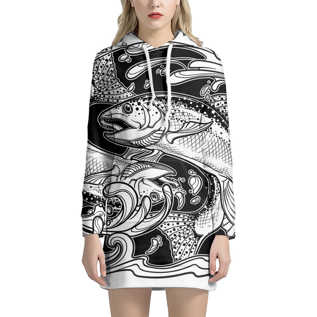 White And Black Pisces Sign Print Pullover Hoodie Dress